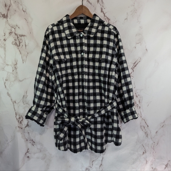 TALBOTS Shirt Jacket Womens 2X Wool Black White Plaid Button Up Sash Buffalo - Picture 11 of 12